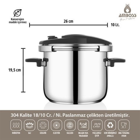 Amboss Enio Plus 10 LT Matik Paslanmaz Çelik Düdüklü Tencere