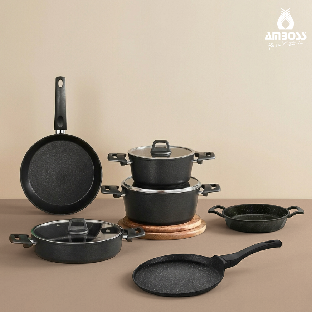ASTEN - 7 Parça Orion (Siyah) + 26 cm Krep Tava + 18 cm Kuvars Sahan