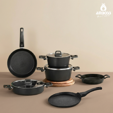 ASTEN - 7 Parça Orion (Siyah) + 26 cm Krep Tava + 18 cm Kuvars Sahan
