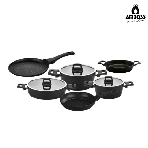 ASTEN - 7 Parça Orion (Siyah) + 26 cm Krep Tava + 18 cm Kuvars Sahan