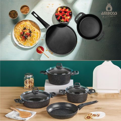 ASTEN - 7 Parça Orion (Siyah) + 26 cm Krep Tava + 18 cm Kuvars Sahan