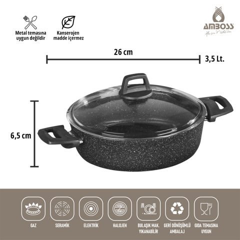 ASTEN - 7 Parça Orion (Siyah) + 26 cm Krep Tava + 18 cm Kuvars Sahan