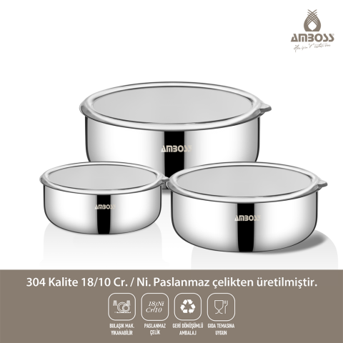 Amboss Prime 6 Parça Paslanmaz Çelik Saklama Kabı Şeffaf Kapaklı