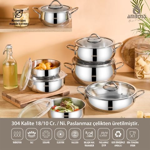 14 Parça Stone Prime Paslanmaz Çelik Tencere Seti & Çelik Saklama Kabı