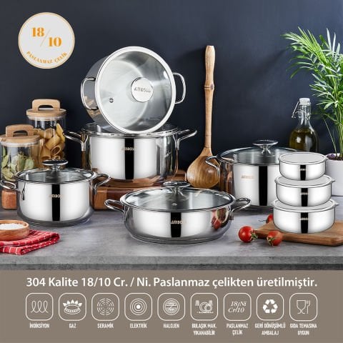 16 Parça Cool Prime Paslanmaz Çelik Tencere Seti