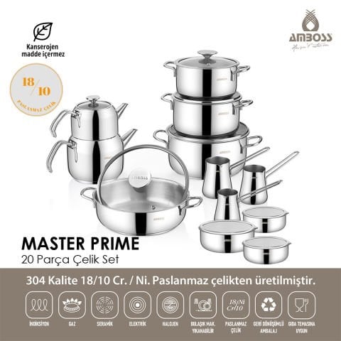 20 Parça Master Prime Paslanmaz Çelik Tencere Çeyiz Seti