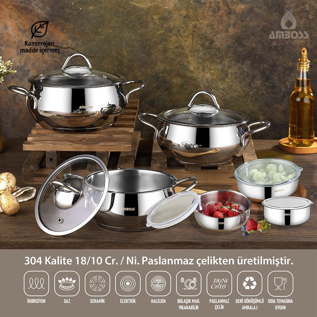 12 Parça Star Prime Paslanmaz Çelik Tencere Seti & Çelik Saklama Kabı