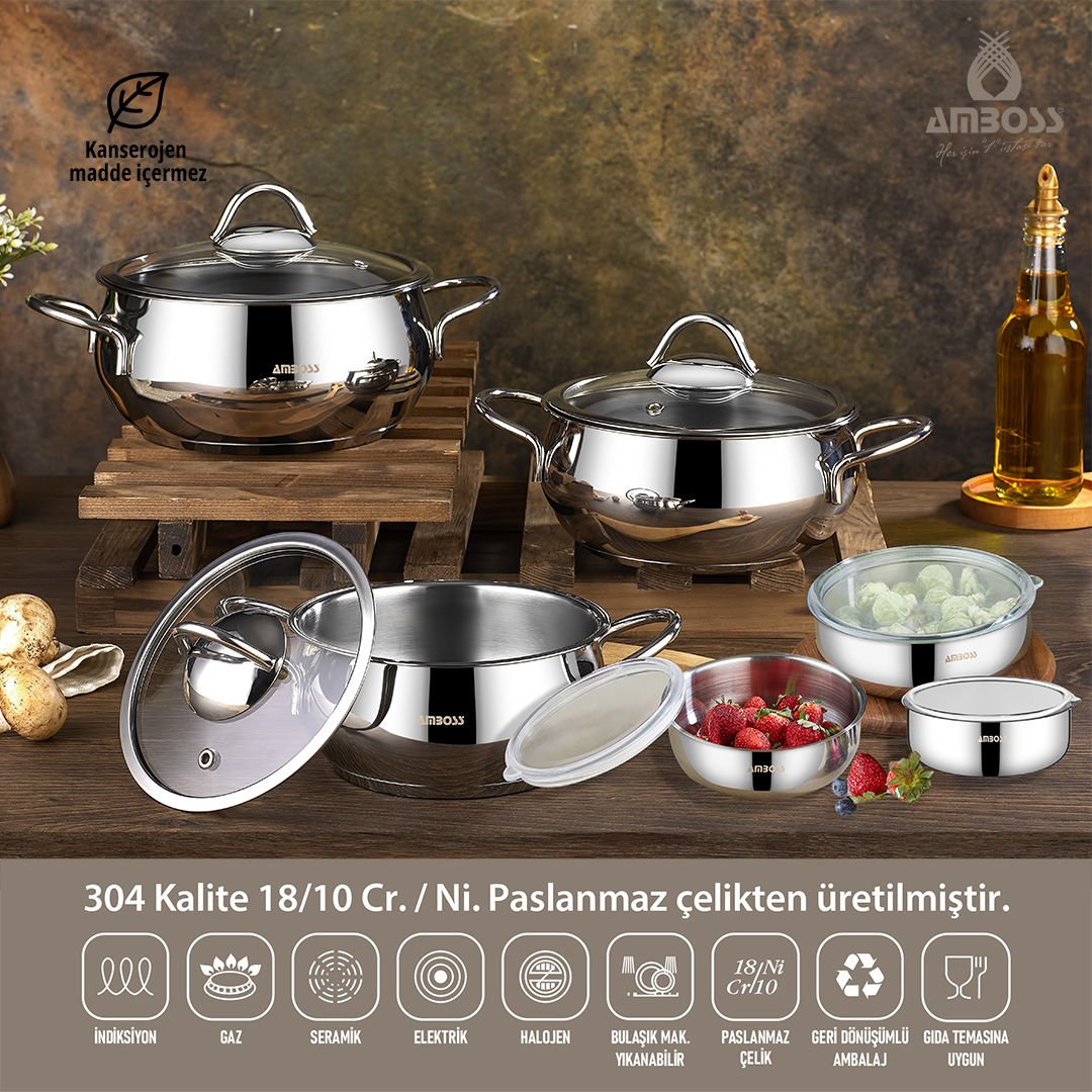 12 Parça Star Prime Paslanmaz Çelik Tencere Seti & Çelik Saklama Kabı