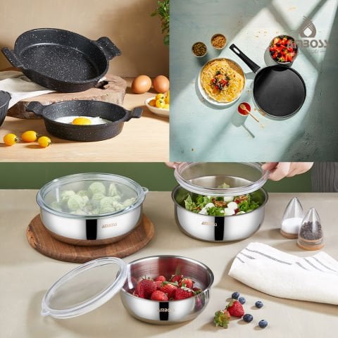 9 Parça Siesta Paslanmaz Çelik Saklama Kabı Sahan Set & Krep Tava