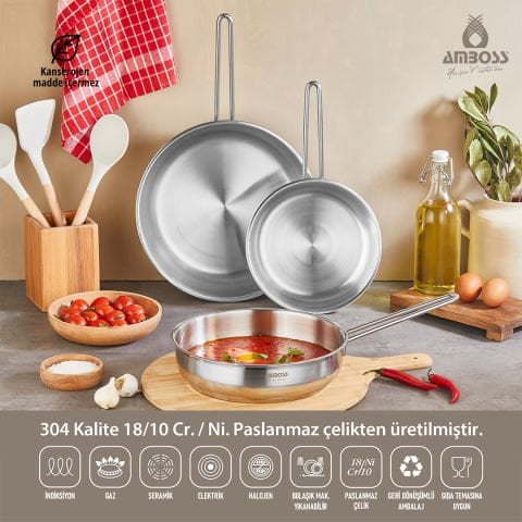 Lusigram 3 Parça Paslanmaz Çelik İndüksiyon Tabanlı Kapaksız Tava Seti