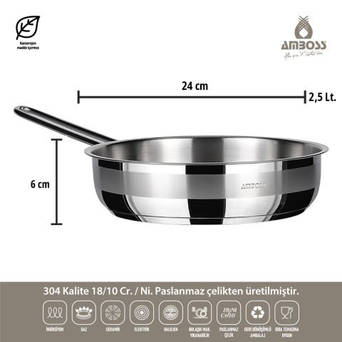 Lusigram 3 Parça Paslanmaz Çelik İndüksiyon Tabanlı Kapaksız Tava Seti