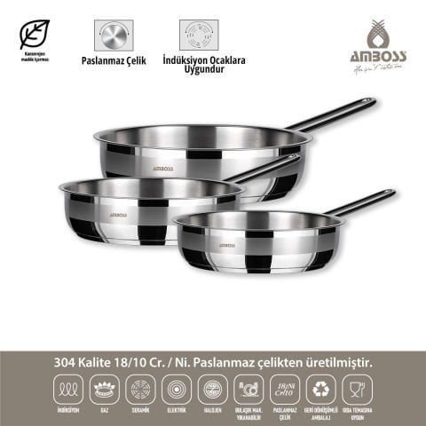 Lusigram 3 Parça Paslanmaz Çelik İndüksiyon Tabanlı Kapaksız Tava Seti