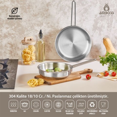 Maestro 2 Parça Indüksiyon Uyumlu Paslanmaz Çelik Kapaksız Tava Seti