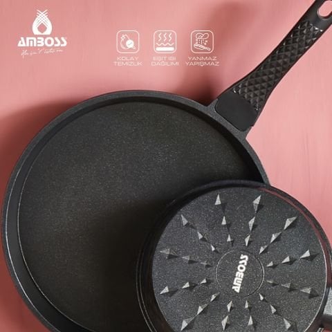 Kuvars 3 Parça Döküm Titanyum Kaplama Yanmaz Yapışmaz 20-24-28 Cm Döküm Tava Seti