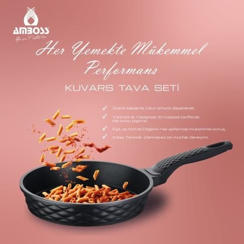 Kuvars 3 Parça Döküm Titanyum Kaplama Yanmaz Yapışmaz 20-24-28 Cm Döküm Tava Seti