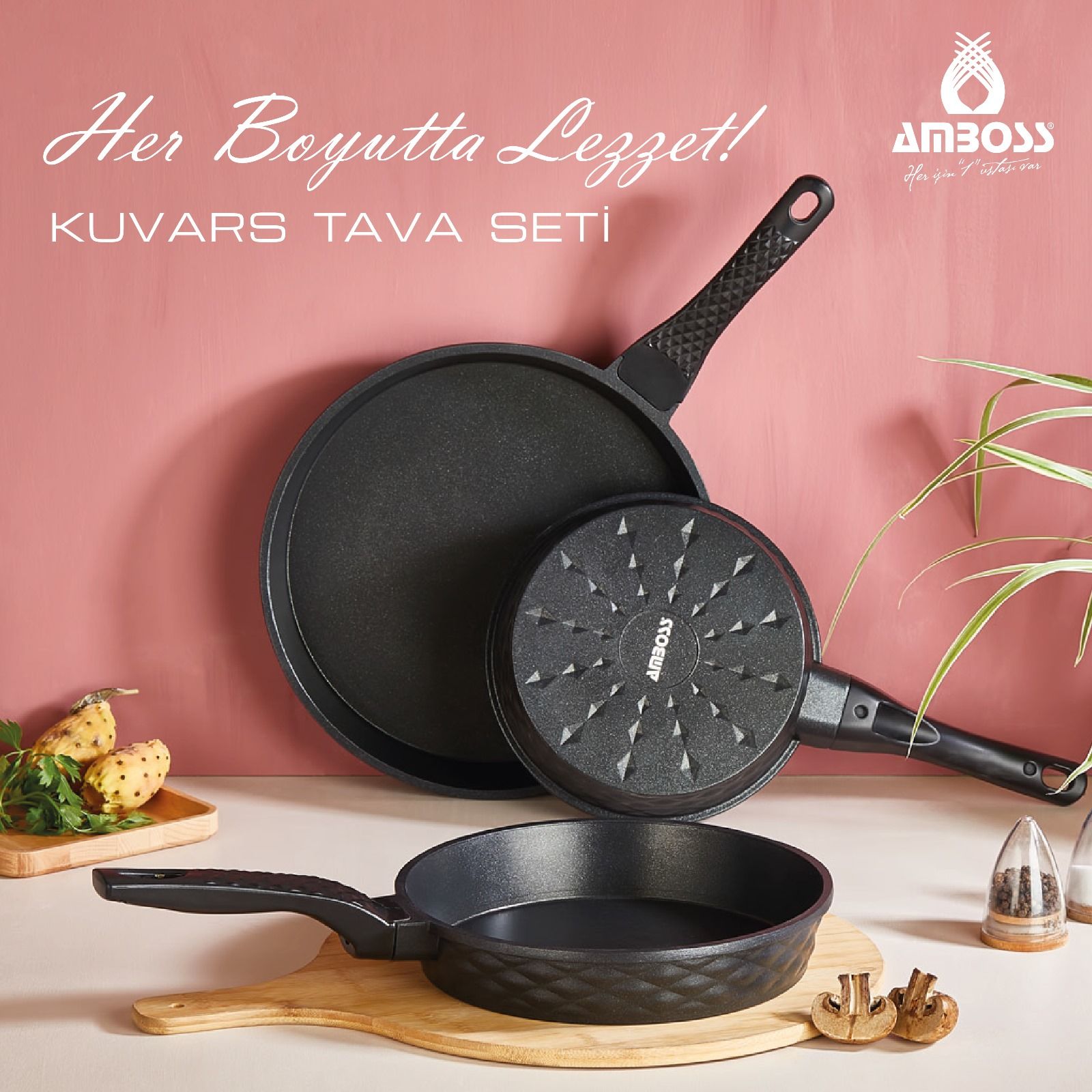 Kuvars 3 Parça Döküm Titanyum Kaplama Yanmaz Yapışmaz 20-24-28 Cm Döküm Tava Seti