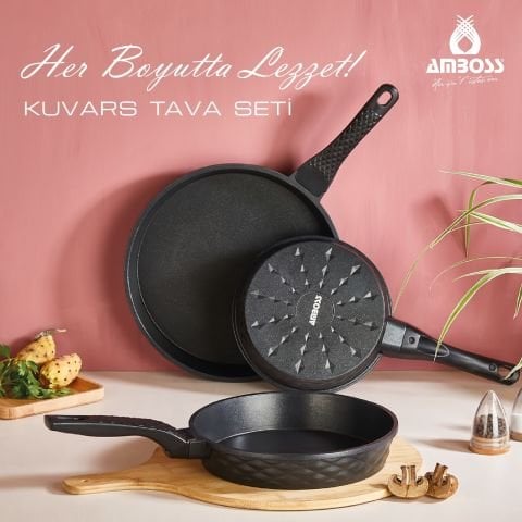 Kuvars 3 Parça Döküm Titanyum Kaplama Yanmaz Yapışmaz 20-24-28 Cm Döküm Tava Seti