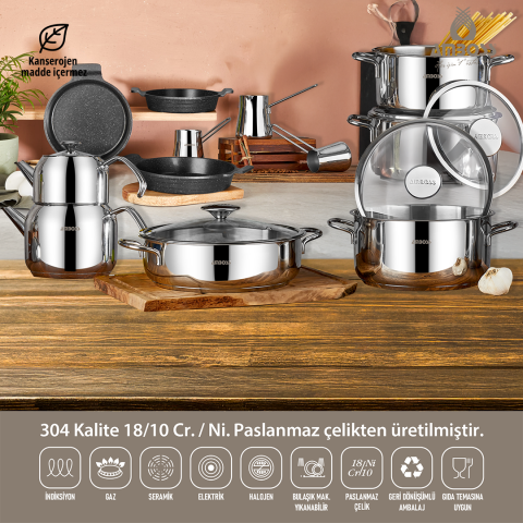 17 Parça Astral Cool İndüksiyon Uyumlu Paslanmaz Çelik Tencere & Sahan Çeyiz Seti