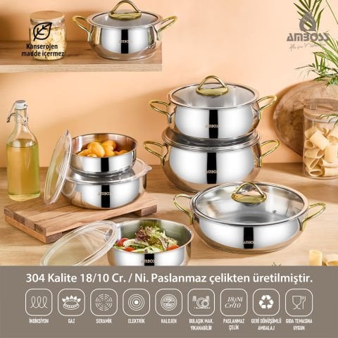 14 Parça Hot Prime İndüksiyon Uyumlu Paslanmaz Çelik Tencere Seti & Çelik Saklama Kabı