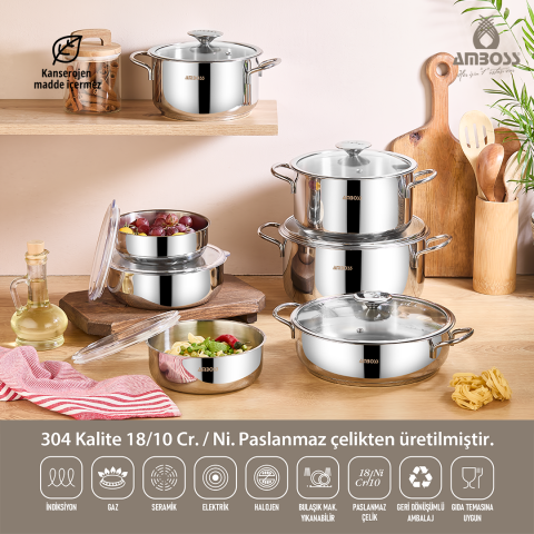 14 Parça Medium Prime İndüksiyon Uyumlu Paslanmaz Çelik Tencere Seti & Çelik Saklama Kabı
