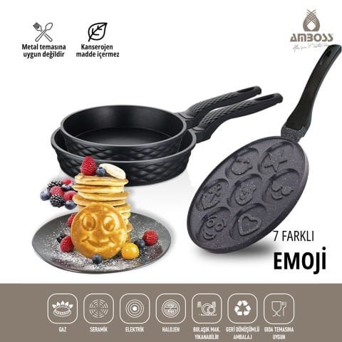 3 Parça Neşeli Emoji Granit Tava & İkili Döküm Tava Seti