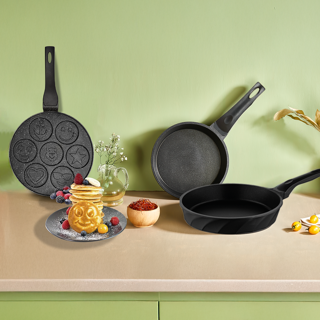 3 Parça Neşeli Emoji Granit Tava & İkili Döküm Tava Seti