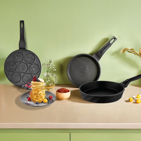 3 Parça Neşeli Emoji Granit Tava & İkili Döküm Tava Seti