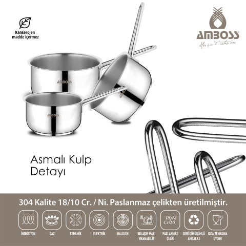 3 Parça Cool Indüksiyon Uyumlu Paslanmaz Çelik Sütlük Sosluk