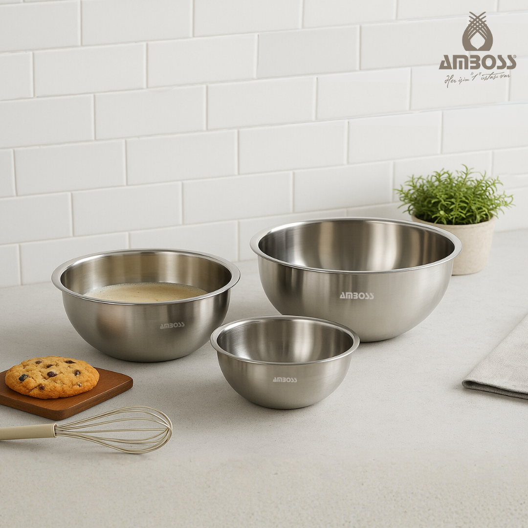 Satin 3'lü Karıştırma Kabı, Paslanmaz Çelik Çok Amaçlı Kase Seti