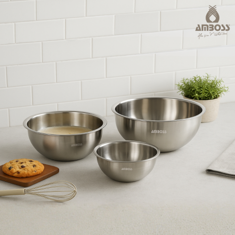 Satin 3'lü Karıştırma Kabı, Paslanmaz Çelik Çok Amaçlı Kase Seti