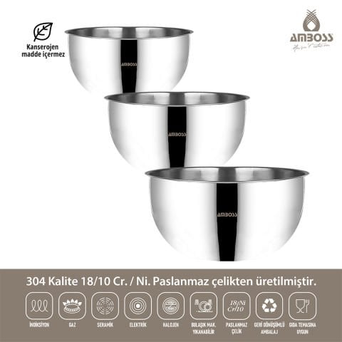 Satin 3'lü Karıştırma Kabı, Paslanmaz Çelik Çok Amaçlı Kase Seti