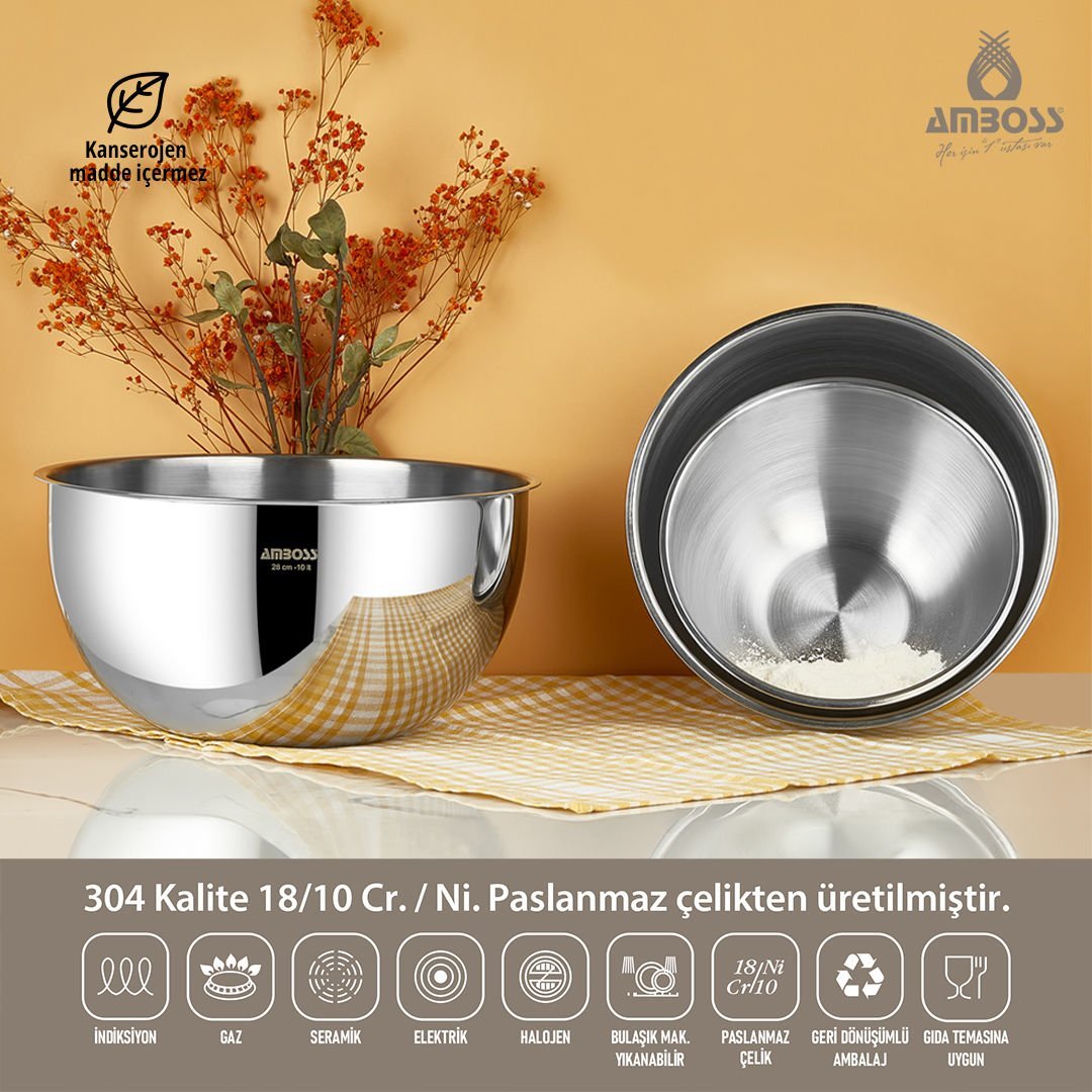 Satin 3'lü Karıştırma Kabı, Paslanmaz Çelik Çok Amaçlı Kase Seti