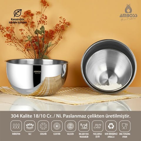 Satin 3'lü Karıştırma Kabı, Paslanmaz Çelik Çok Amaçlı Kase Seti