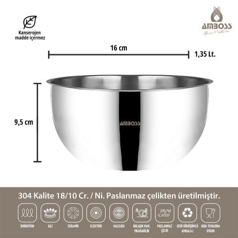 Satin 3'lü Karıştırma Kabı, Paslanmaz Çelik Çok Amaçlı Kase Seti