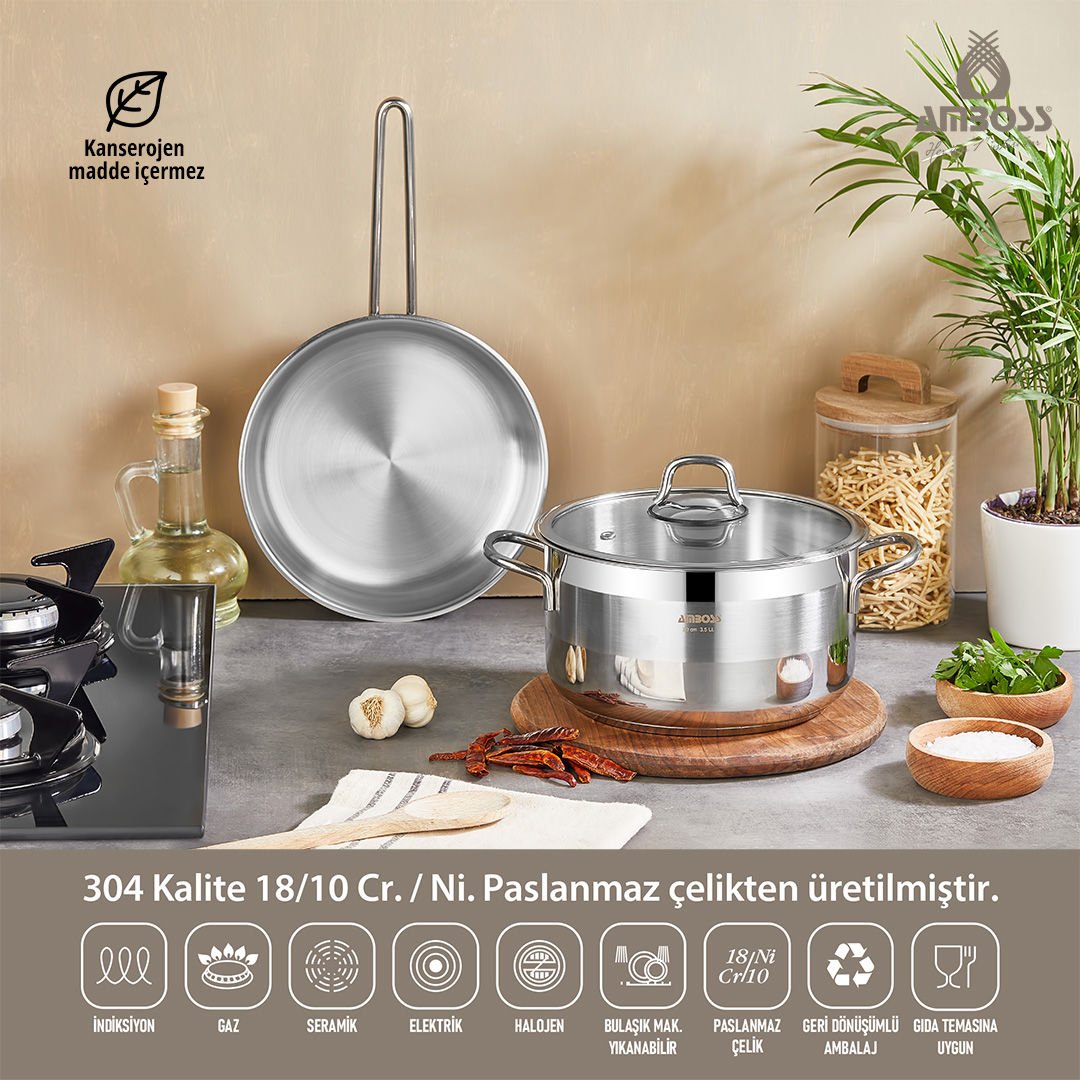 Saphire 3 Parça Indüksiyon Uyumlu Paslanmaz Çelik Tencere Tava Seti