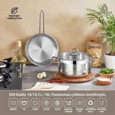 Saphire 3 Parça Indüksiyon Uyumlu Paslanmaz Çelik Tencere Tava Seti