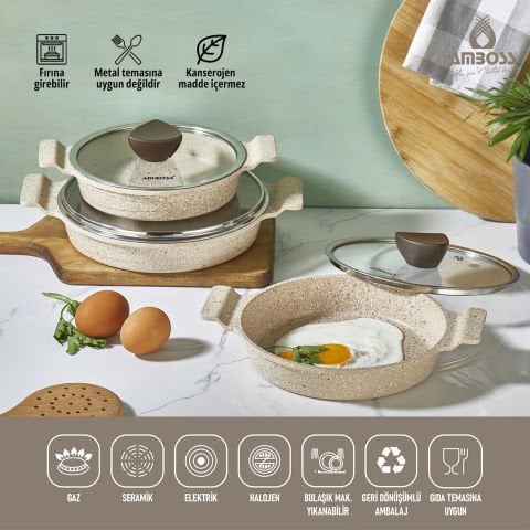 Astral Cam Kapaklı Granit  6 Parça Döküm Sahan (omlet) Seti Cappucino