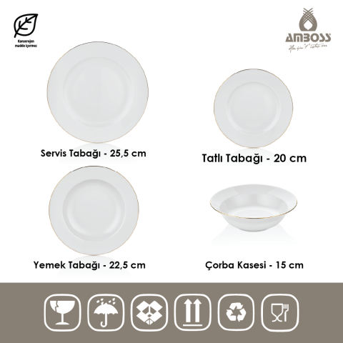 Damla Life 24 Parça 6 Kişilik Porselen Yemek Takımı Gümüş