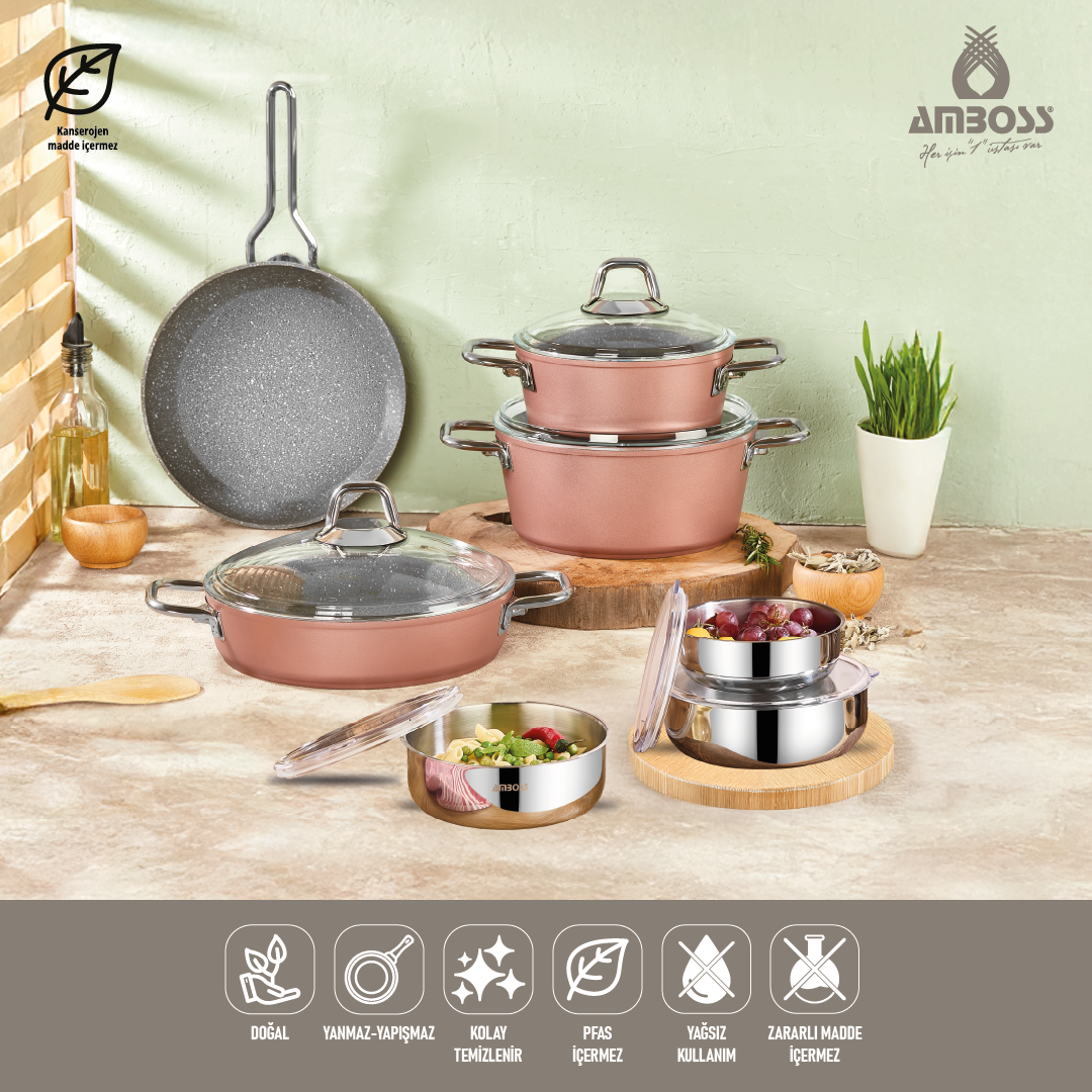 Lunara 13 Parça Granit Tencere Tava Seti & Paslanmaz Çelik Saklama Kabı