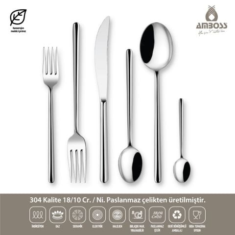 Amboss Pearl 72 Parça 12 Kişilik Paslanmaz Çelik Çatal Kaşık Bıçak Seti - Gümüş