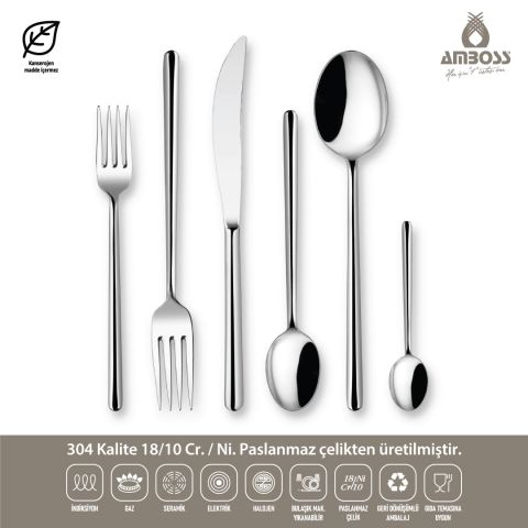 Amboss Pearl 72 Parça 12 Kişilik Paslanmaz Çelik Çatal Kaşık Bıçak Seti - Gümüş