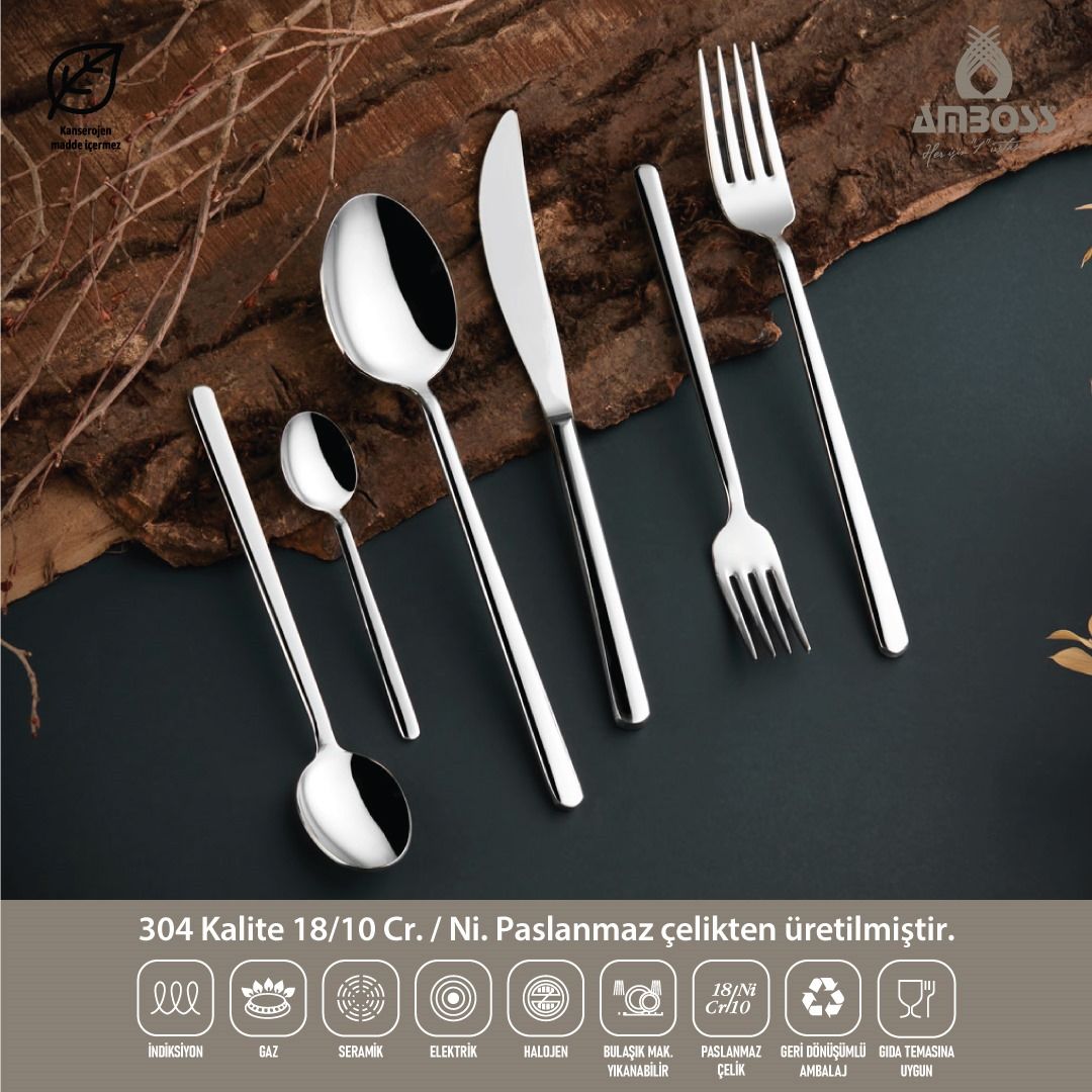 Amboss Pearl 72 Parça 12 Kişilik Paslanmaz Çelik Çatal Kaşık Bıçak Seti - Gümüş