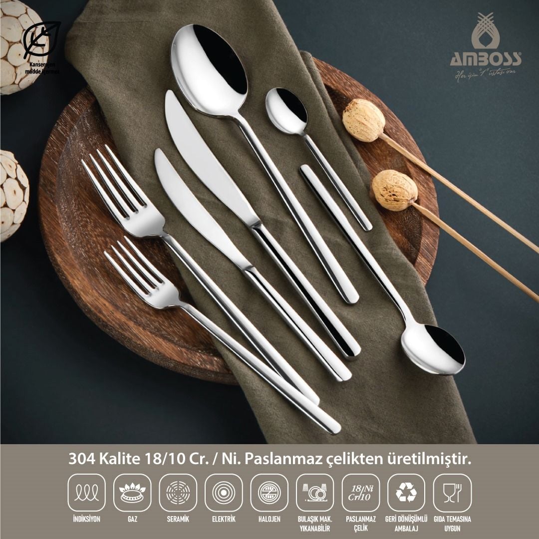 Amboss Pearl 84 Parça 12 Kişilik Paslanmaz Çelik Çatal Kaşık Bıçak Seti - Gümüş