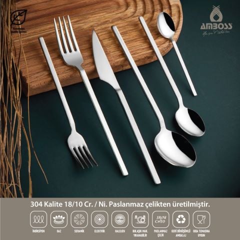 Amboss Dıamond 72 Parça 12 Kişilik Paslanmaz Çelik Çatal Kaşık Bıçak Seti - Gümüş