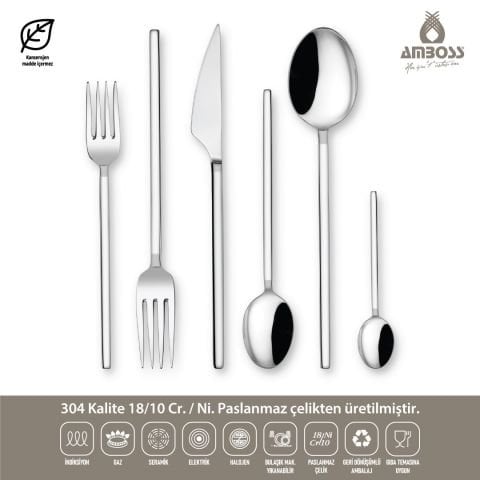 Amboss Dıamond 72 Parça 12 Kişilik Paslanmaz Çelik Çatal Kaşık Bıçak Seti - Gümüş