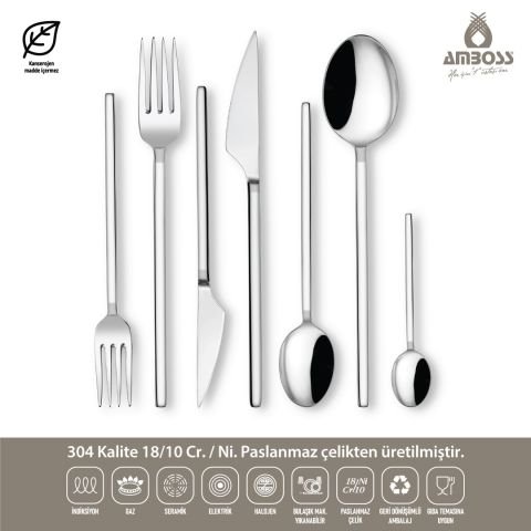 Amboss Dıamond 84 Parça 12 Kişilik Paslanmaz Çelik Çatal Kaşık Bıçak Seti - Gümüş
