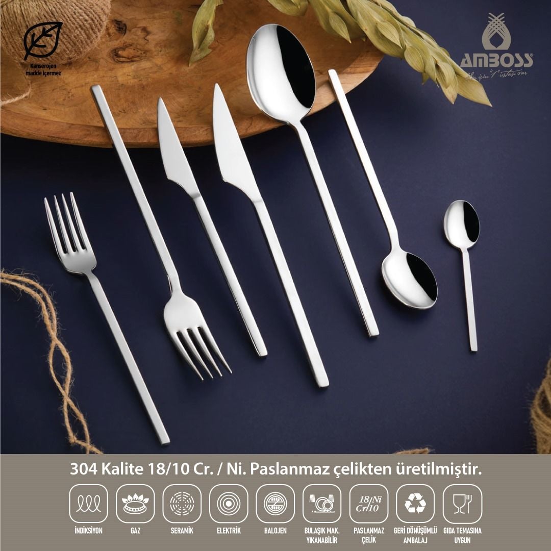 Amboss Dıamond 84 Parça 12 Kişilik Paslanmaz Çelik Çatal Kaşık Bıçak Seti - Gümüş
