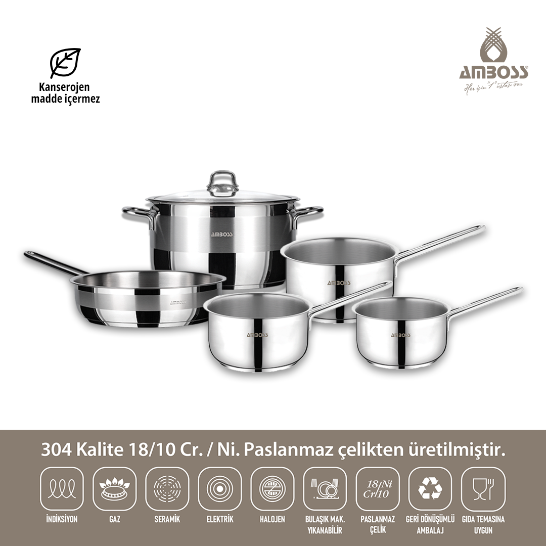 Satürn 6 Parça Tüm Ocaklara Uyumlu Paslanmaz Çelik Tencere Tava Sütlük Sosluk Seti