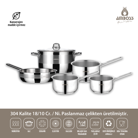 Satürn 6 Parça Tüm Ocaklara Uyumlu Paslanmaz Çelik Tencere Tava Sütlük Sosluk Seti