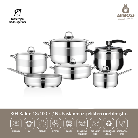 Merkür 11 Parça Tüm Ocaklara Uyumlu Paslanmaz Çelik Tencere Tava Sütlük Düdüklü Tencere Seti